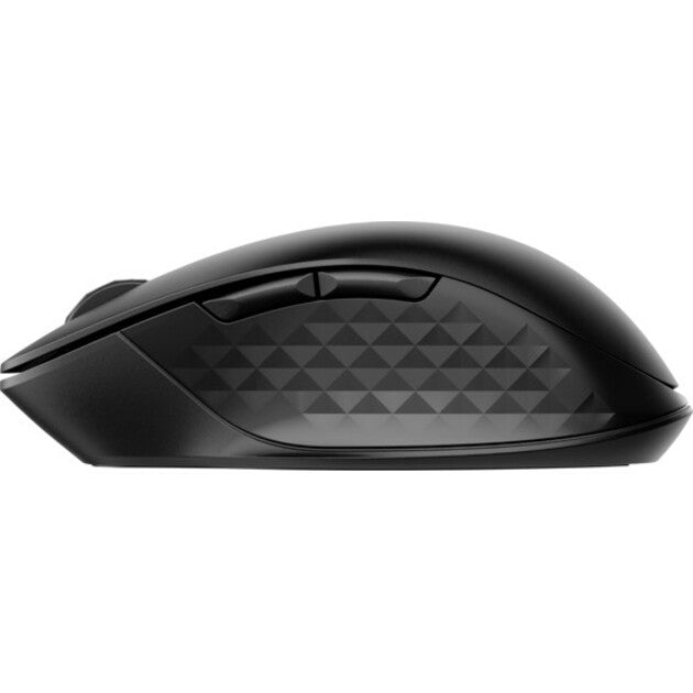 Side profile view of HP 435 wireless mouse showing sleek design and textured pattern