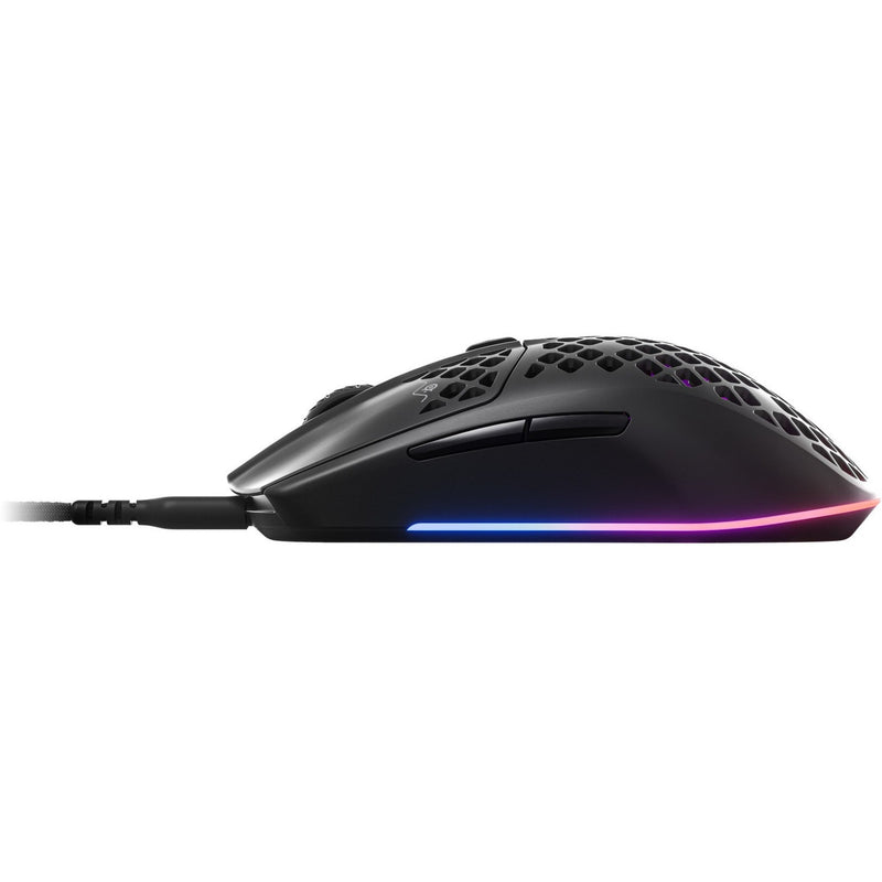 Side view of Aerox 3 Wireless gaming mouse showing ergonomic profile and RGB lighting strip