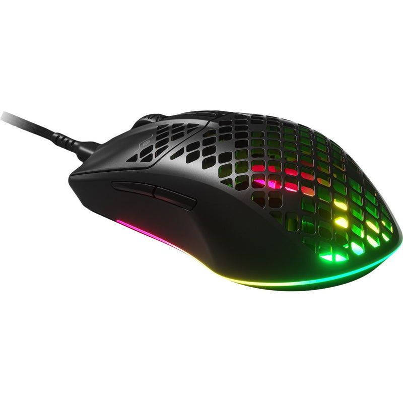 SteelSeries Aerox 3 Wireless gaming mouse with RGB lighting shining through honeycomb shell design