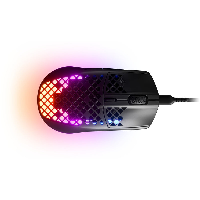 Aerial view of Aerox 3 Wireless displaying RGB lighting effects through honeycomb shell