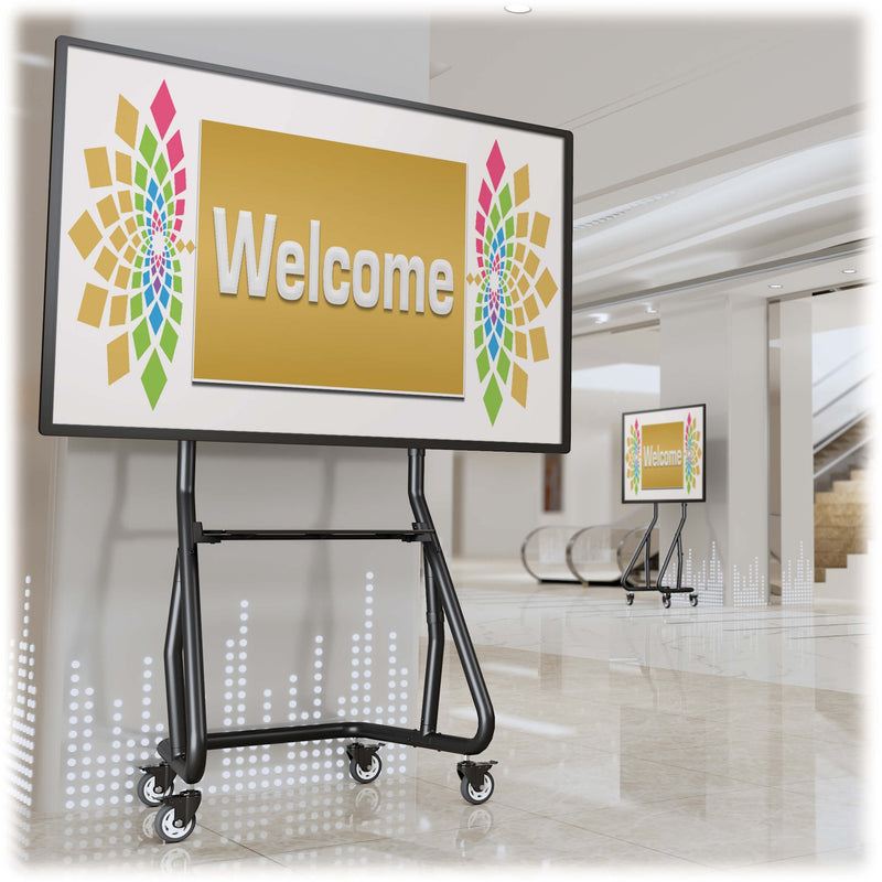 Mobile digital signage stand with casters in lobby setting showing welcome display