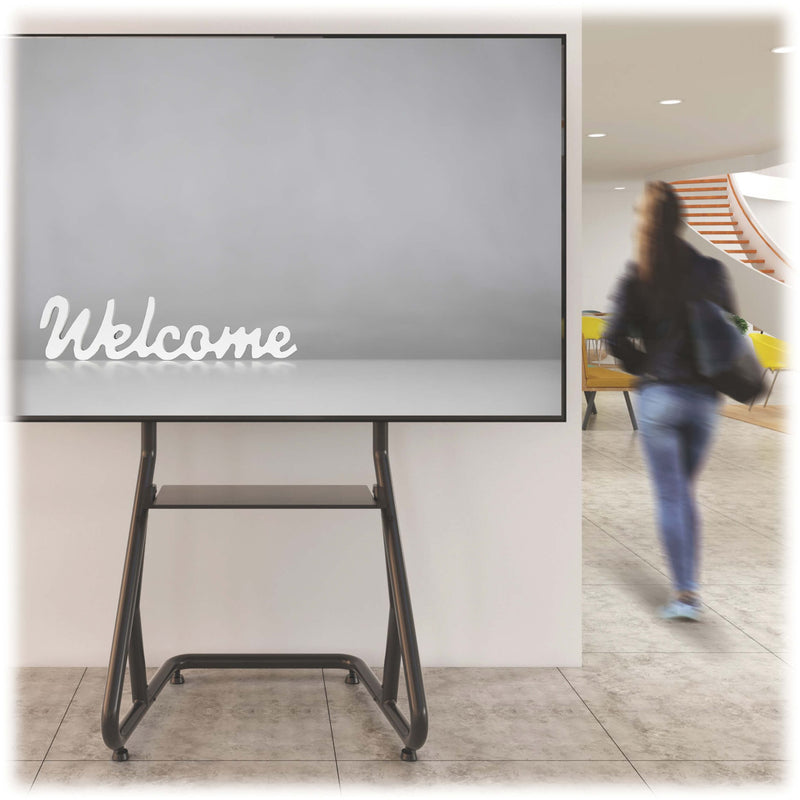 Digital signage stand in modern lobby setting displaying welcome message