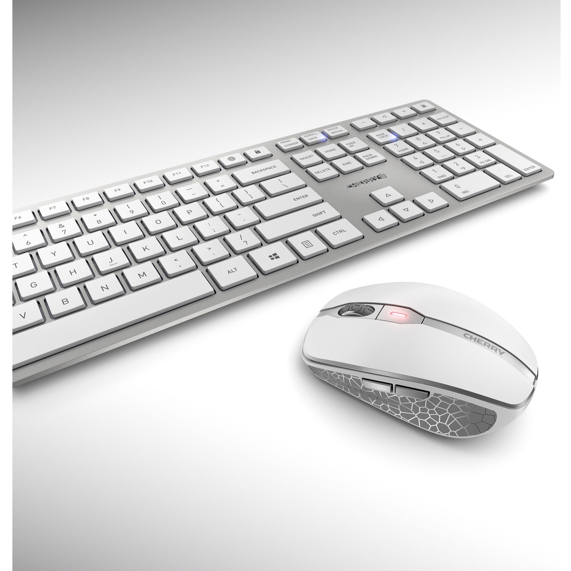CHERRY JD-9100US-1 DW 9100 SLIM مجموعة لوحة مفاتيح وفأرة لاسلكية قابلة لإعادة الشحن، فضي/أبيض، USB