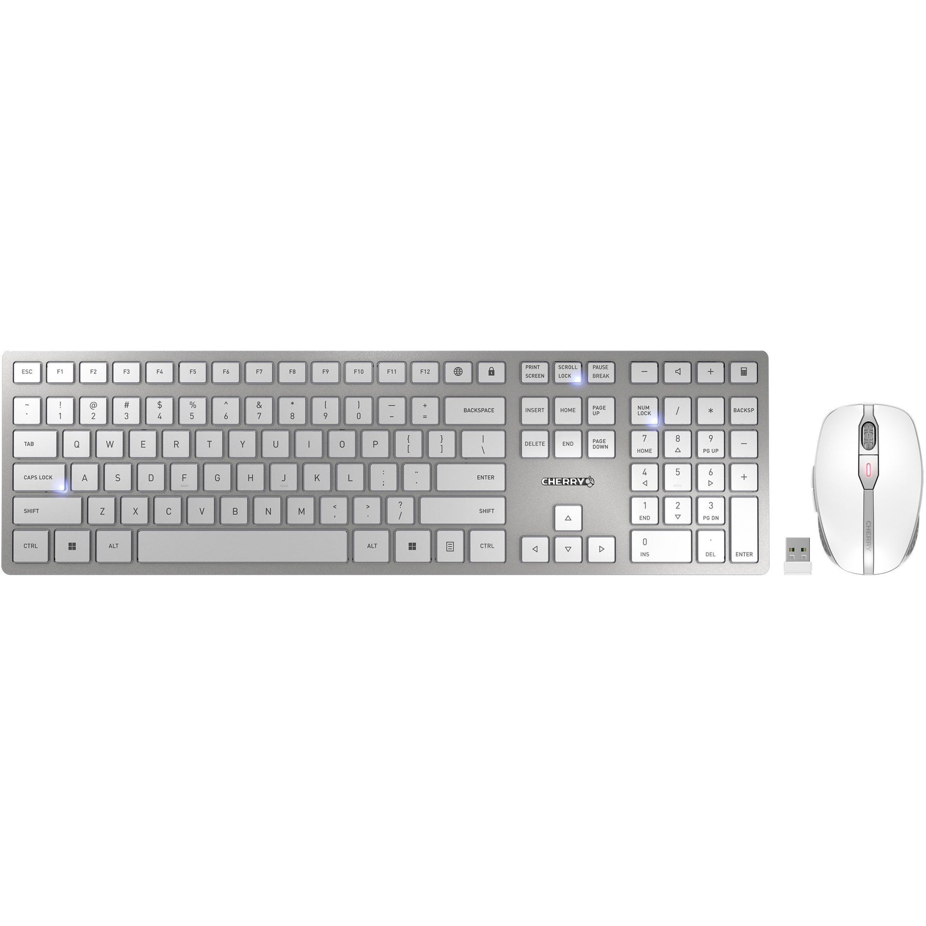 CHERRY JD-9100US-1 DW 9100 SLIM Rechargeable Wireless Desktop Keyboard & Mouse Combo, Silver/White, USB