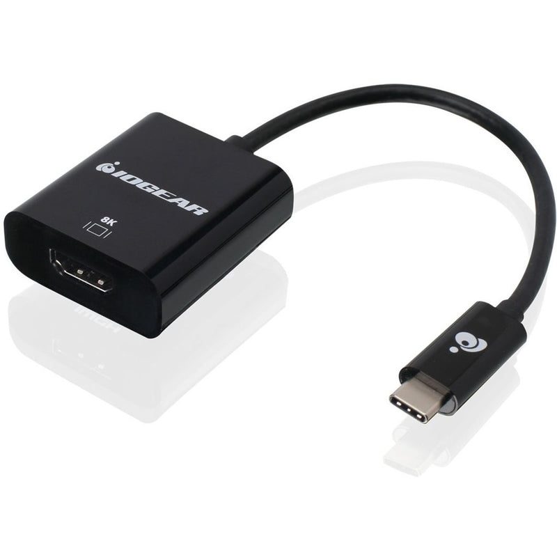 Side view of IOGEAR USB-C to 8K HDMI adapter showing branding and connector details