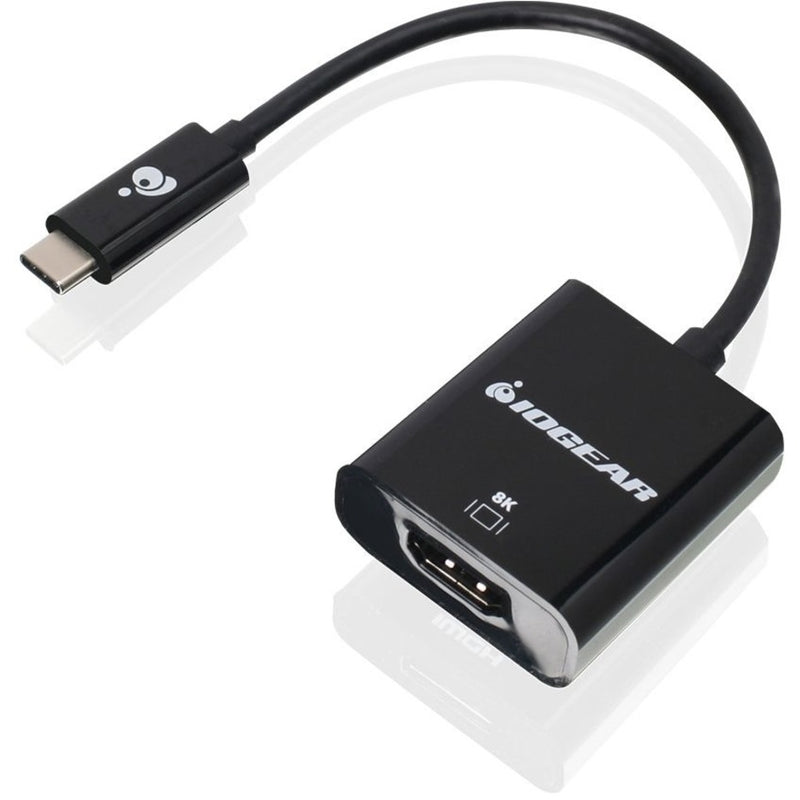 IOGEAR USB-C to 8K HDMI adapter showing USB-C connector and HDMI port with black housing