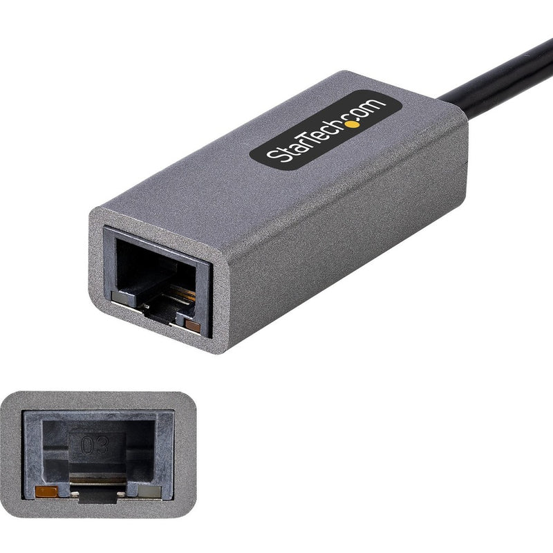 Detailed view of the RJ45 port on StarTech.com Ethernet adapter