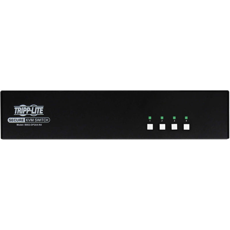 Direct front view of Tripp Lite secure KVM switch control panel with four selection buttons and status indicators