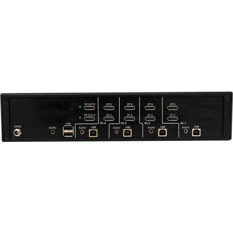 Rear panel view of KVM switch showing DisplayPort, USB, and audio connections for four computer channels