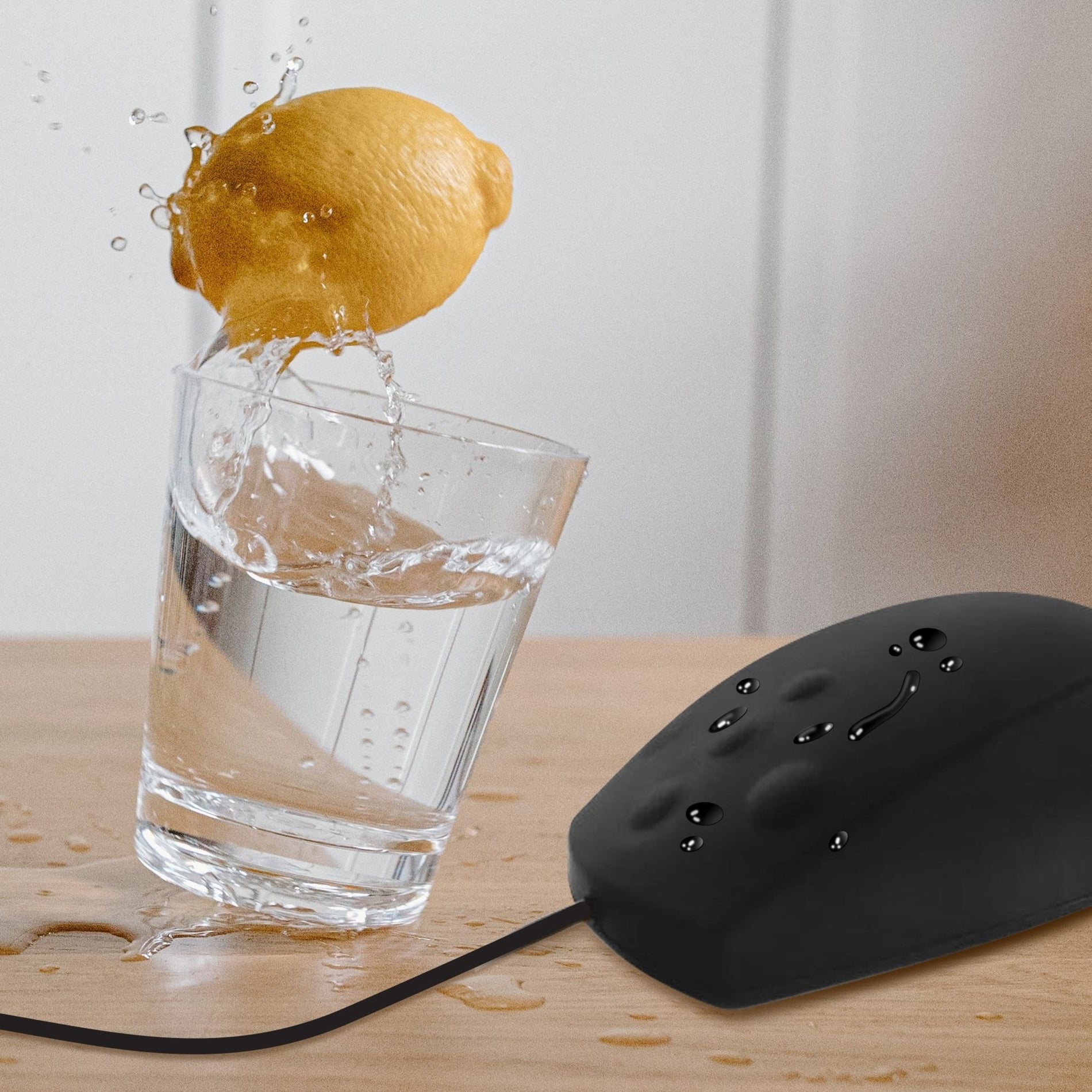 SIIG industrial mouse demonstrating waterproof capabilities next to water glass-alternate-image5