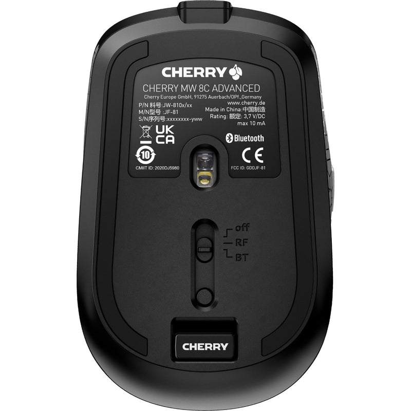 Bottom view of CHERRY MW 8C ADVANCED mouse showing connectivity switch and product specifications