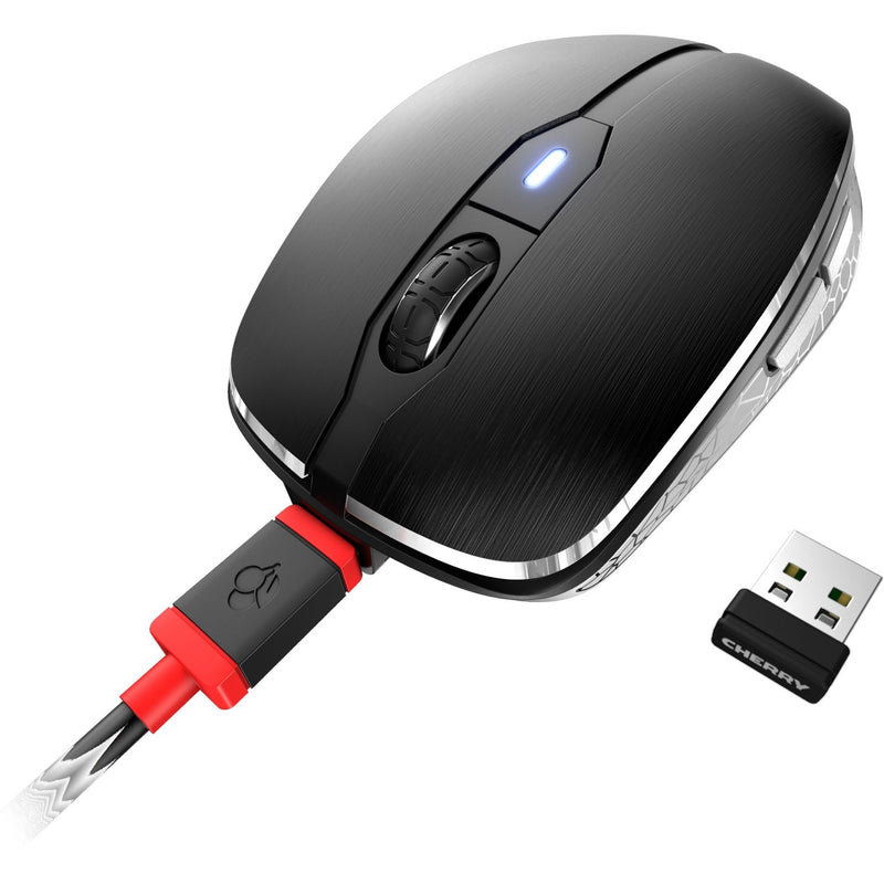 CHERRY MW 8C ADVANCED mouse with charging cable connected and USB receiver