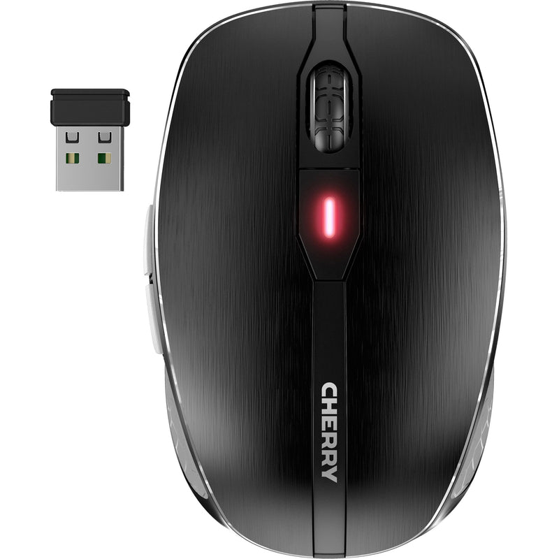 Top view of CHERRY MW 8C ADVANCED wireless mouse with USB receiver showing red LED indicator and brushed aluminum surface