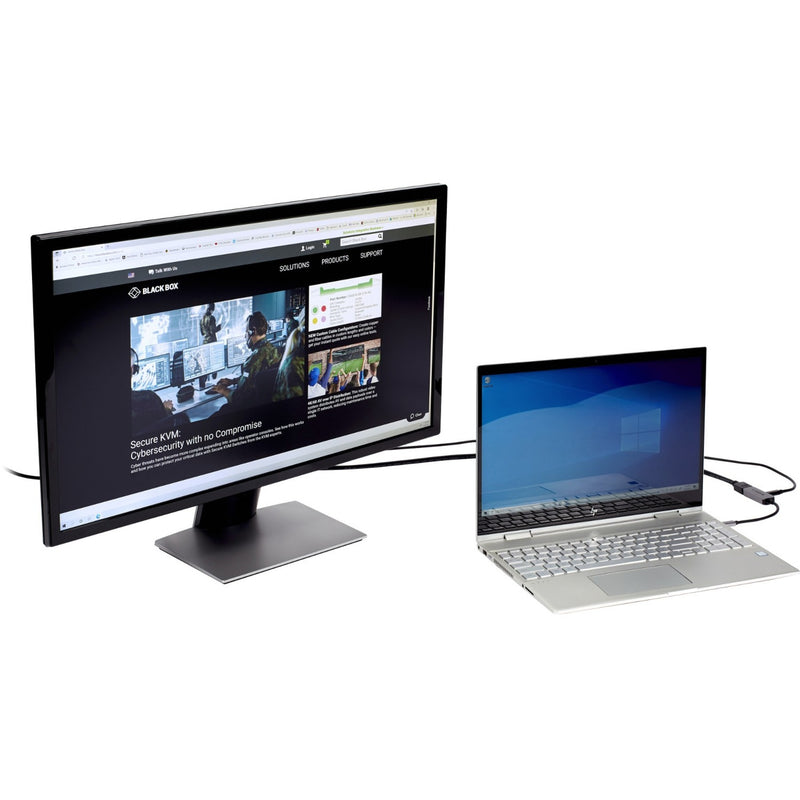 Black Box adapter connecting laptop to 4K monitor showing dual-screen setup