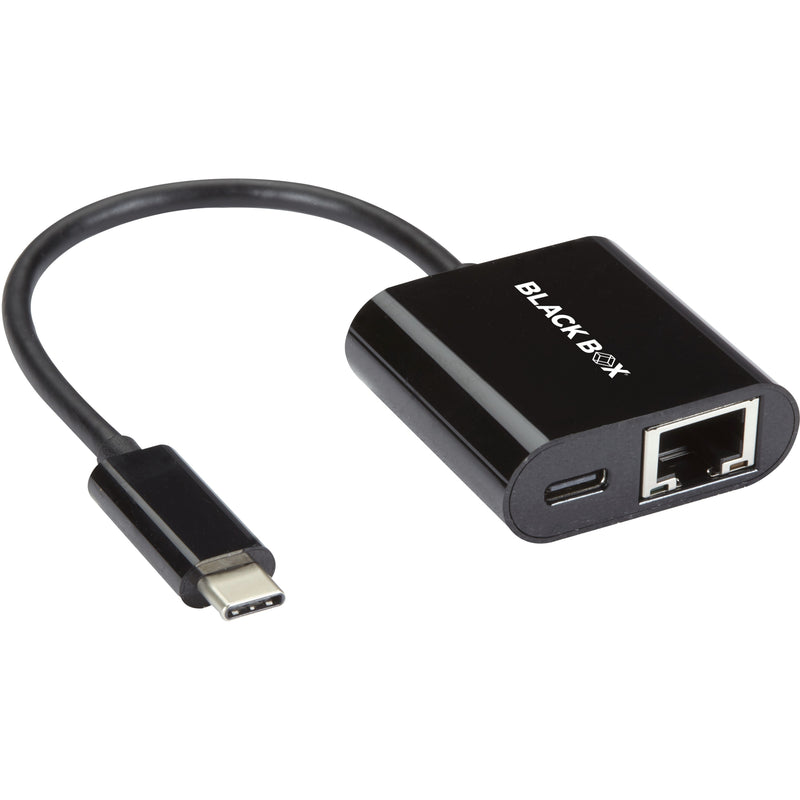 Black Box USB-C to Gigabit Ethernet adapter showing USB-C connector and RJ-45 port in sleek black design