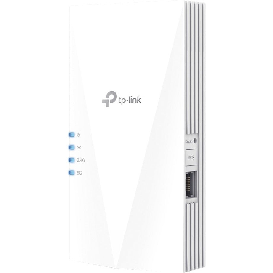 Front view of TP-Link RE600X WiFi extender showing LED indicators and sleek white design-alternate-image1