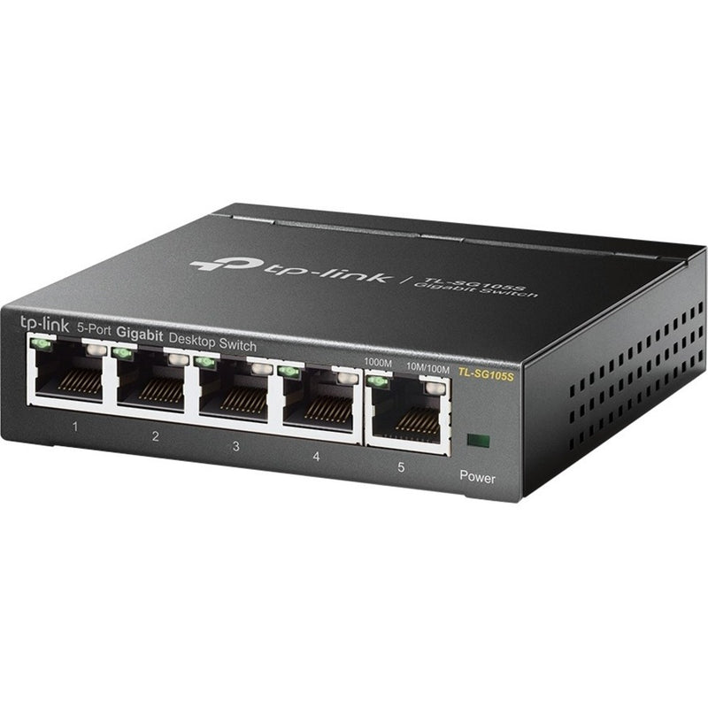 Angled view of TP-Link TL-SG105S switch highlighting metal construction and compact design