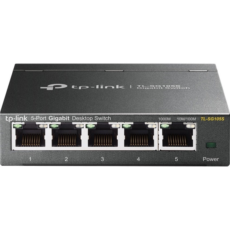 Front view of TP-Link TL-SG105S 5-port gigabit ethernet switch showing five RJ45 ports and power indicator