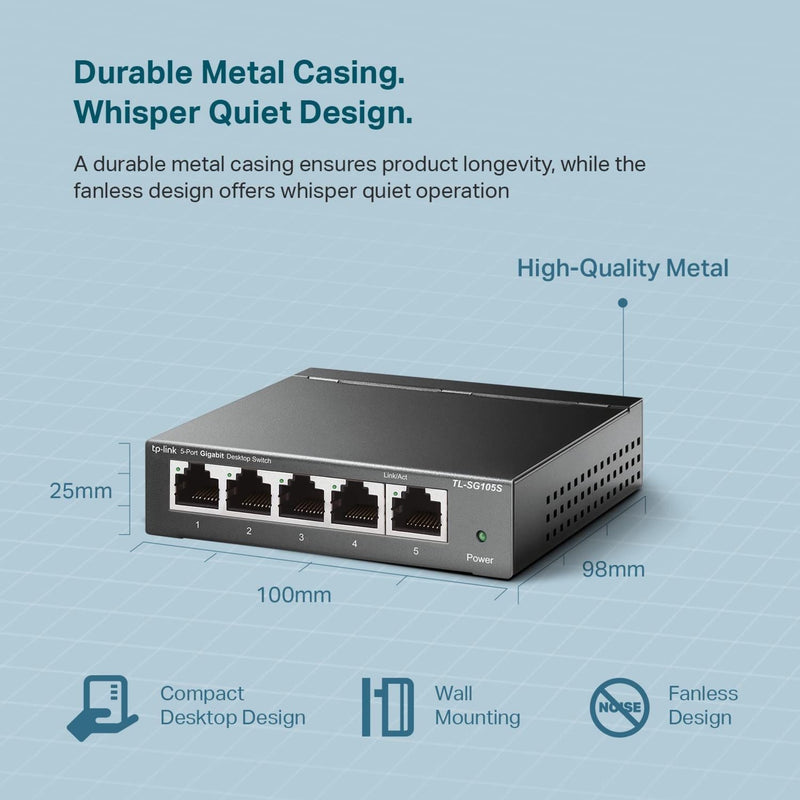 Dimensional diagram of TP-Link TL-SG105S showing compact size and features