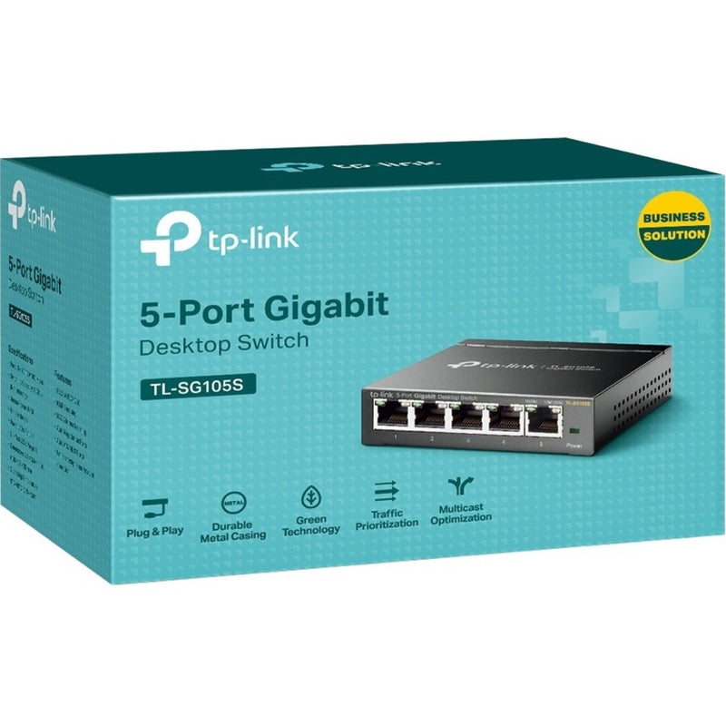 Retail packaging of TP-Link TL-SG105S switch showing product features and specifications