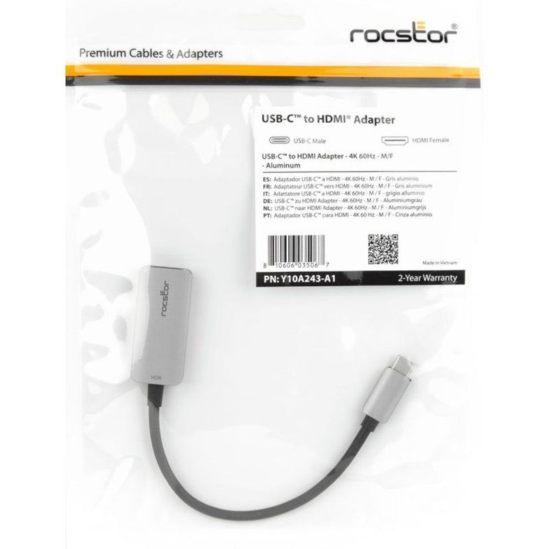 Retail packaging of Rocstor USB-C to HDMI adapter showing product details and warranty information