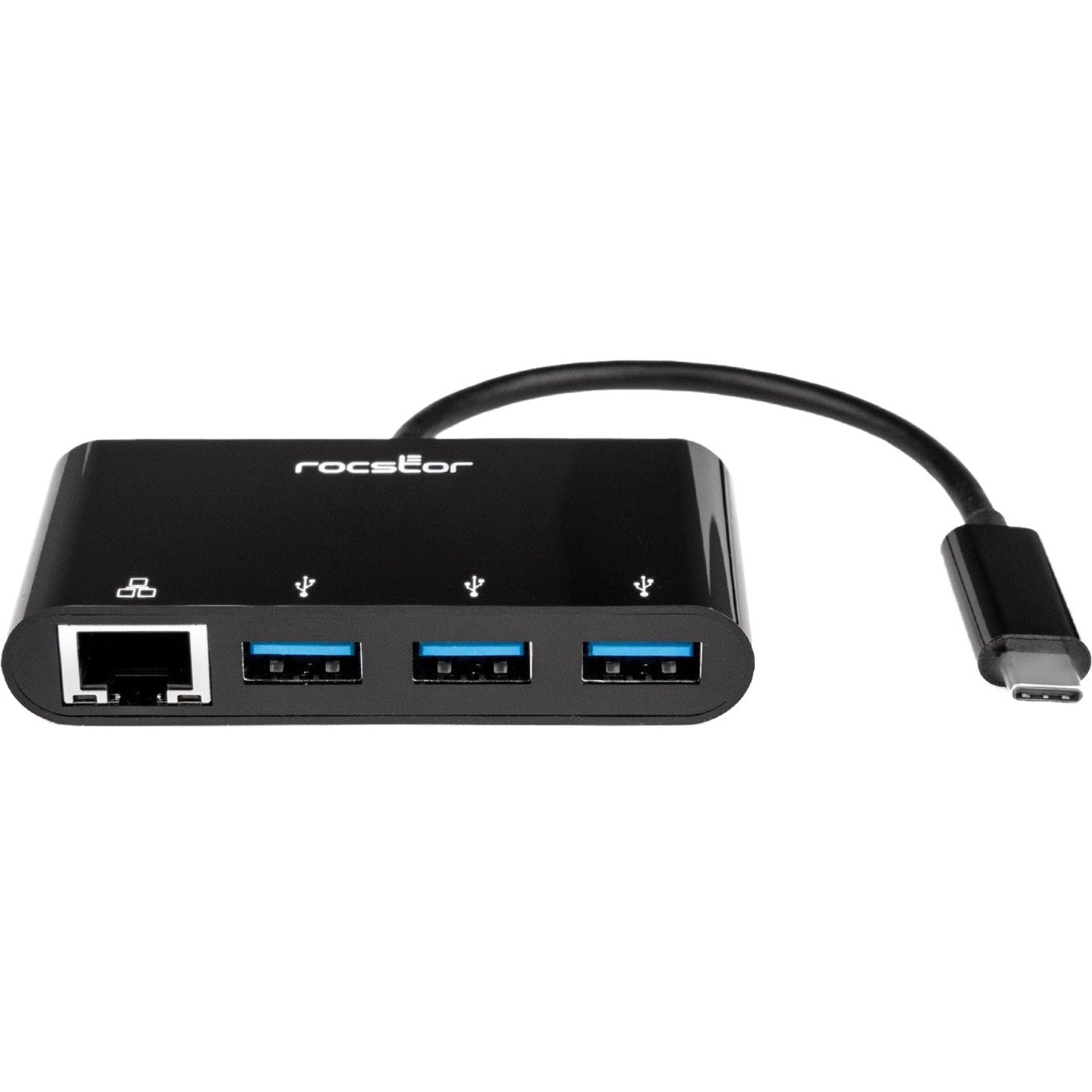 Front view of Rocstor USB-C hub showing three USB 3.0 ports and Ethernet port with USB-C cable-alternate-image1