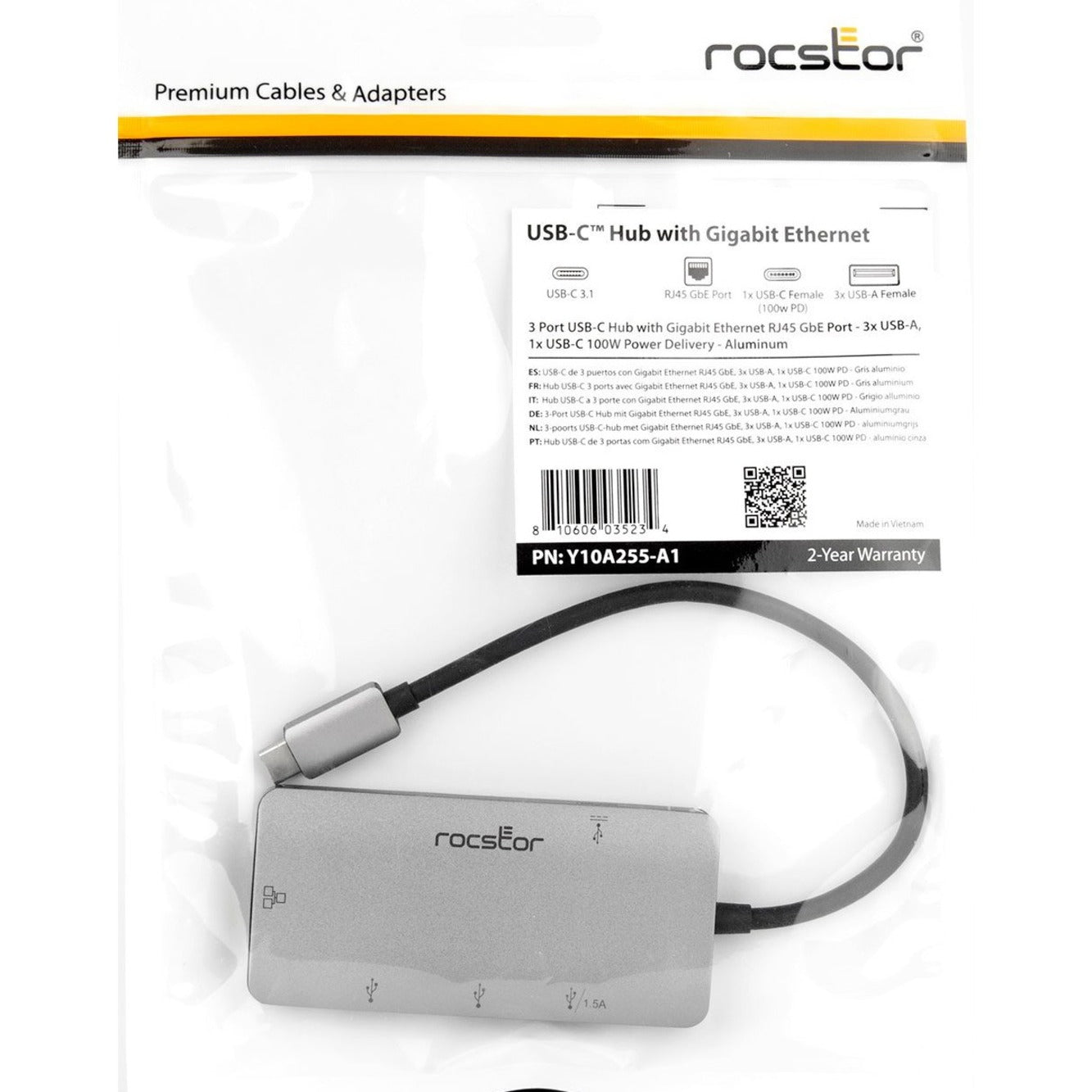 Rocstor Y10A255-A1 Premium USB-C Hub with USB-A, Gigabit Ethernet & USB-C 100W PD, 3-Port USB-C Hub with LAN Port