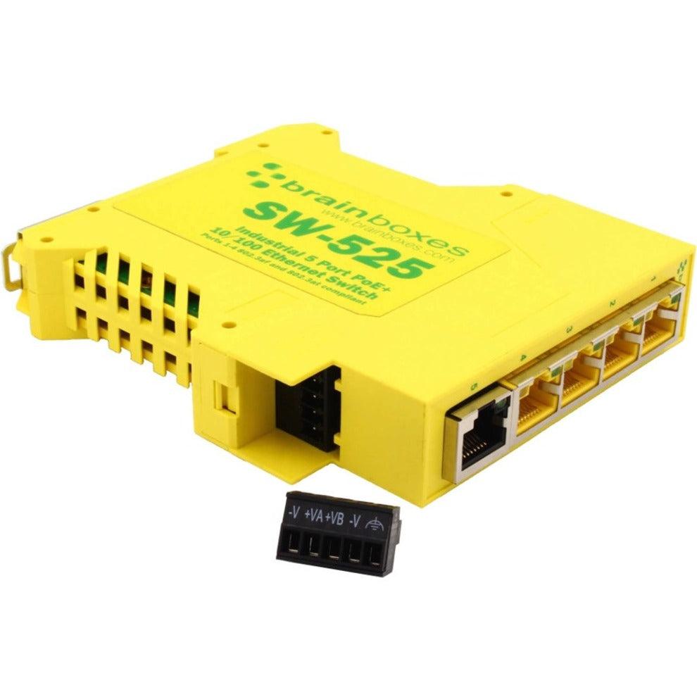 Brainboxes SW-525 Industrial PoE+ Ethernet Switch front view showing ports and terminal block-alternate-image1