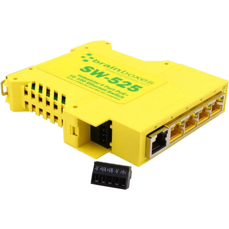 Brainboxes SW-525 Industrial PoE+ Ethernet Switch front view showing ports and terminal block