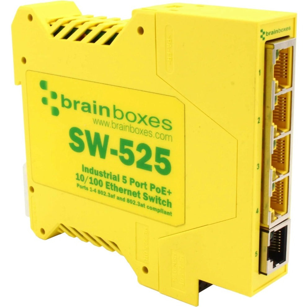 Brainboxes SW-525 工业级 5端口 PoE+ 10/100 以太网交换机，TAA 符合要求，终身保修  Brainboxes 品牌名称翻译为: 大脑盒子