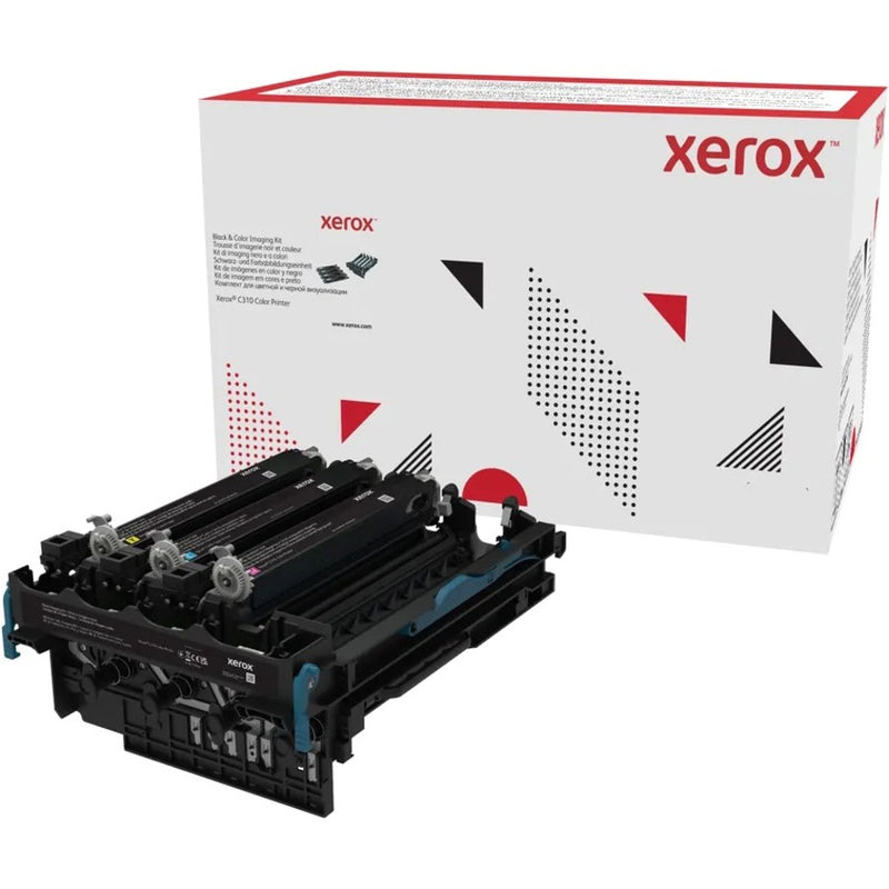 Xerox C310 Black and Color Imaging Kit with packaging showing the product and its box with geometric red and black design elements