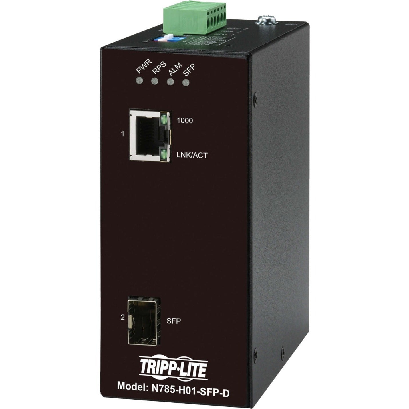 Front view of Tripp Lite N785-H01-SFP-D media converter showing LED indicators, RJ-45 port, and SFP slot-alternate-image1