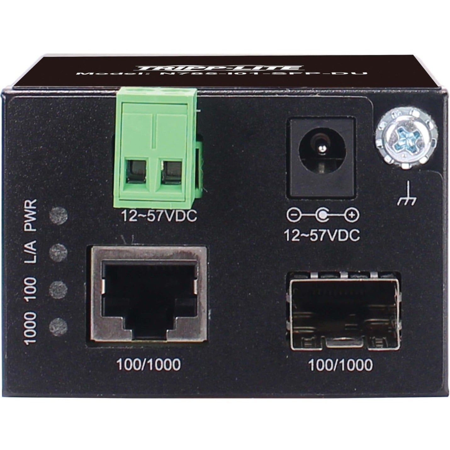 Close-up view of N785-I01-SFP-DU ports and LED indicators showing network status and configuration options-alternate-image3