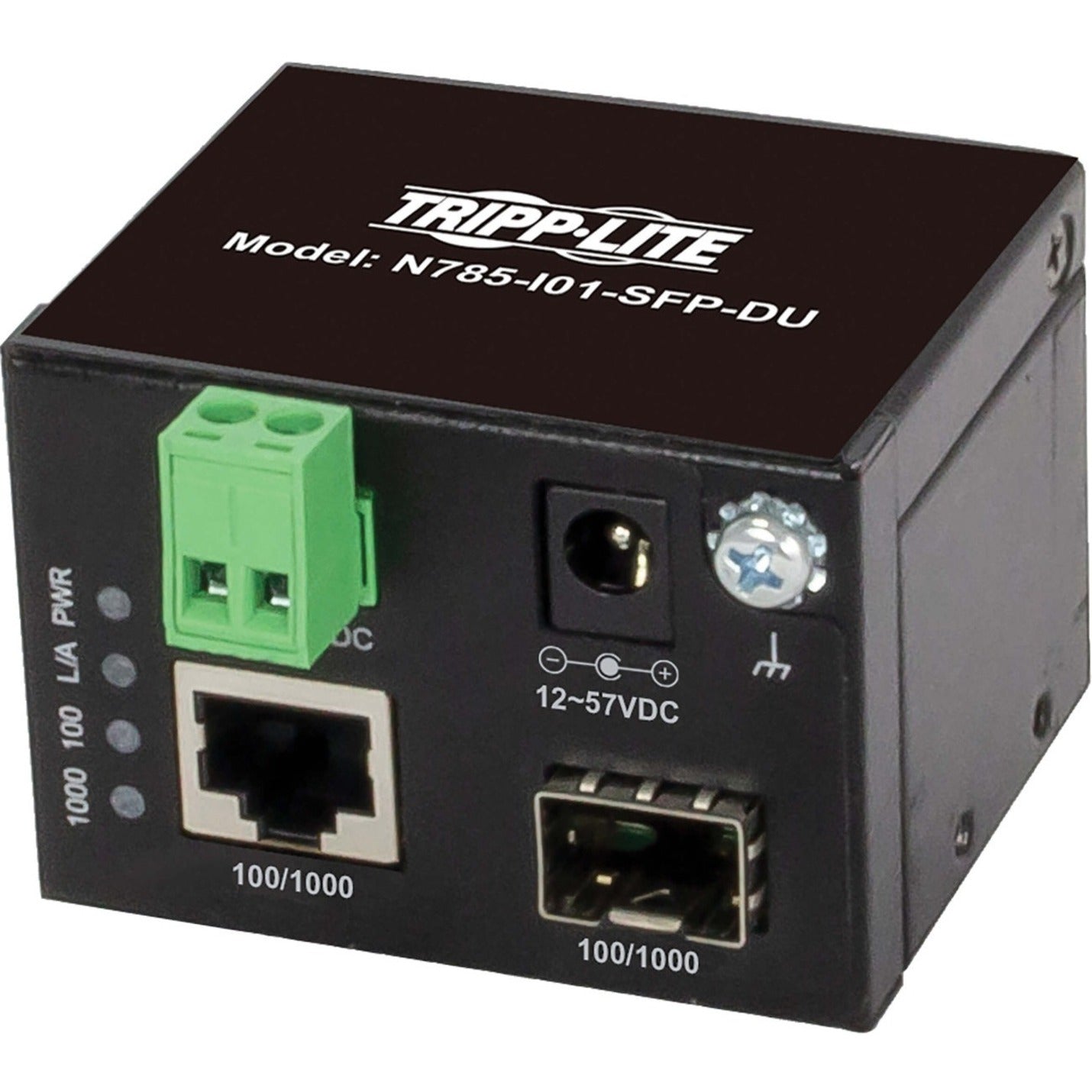 Front view of Tripp Lite N785-I01-SFP-DU media converter showing network ports, LED indicators, and power terminal block-alternate-image1