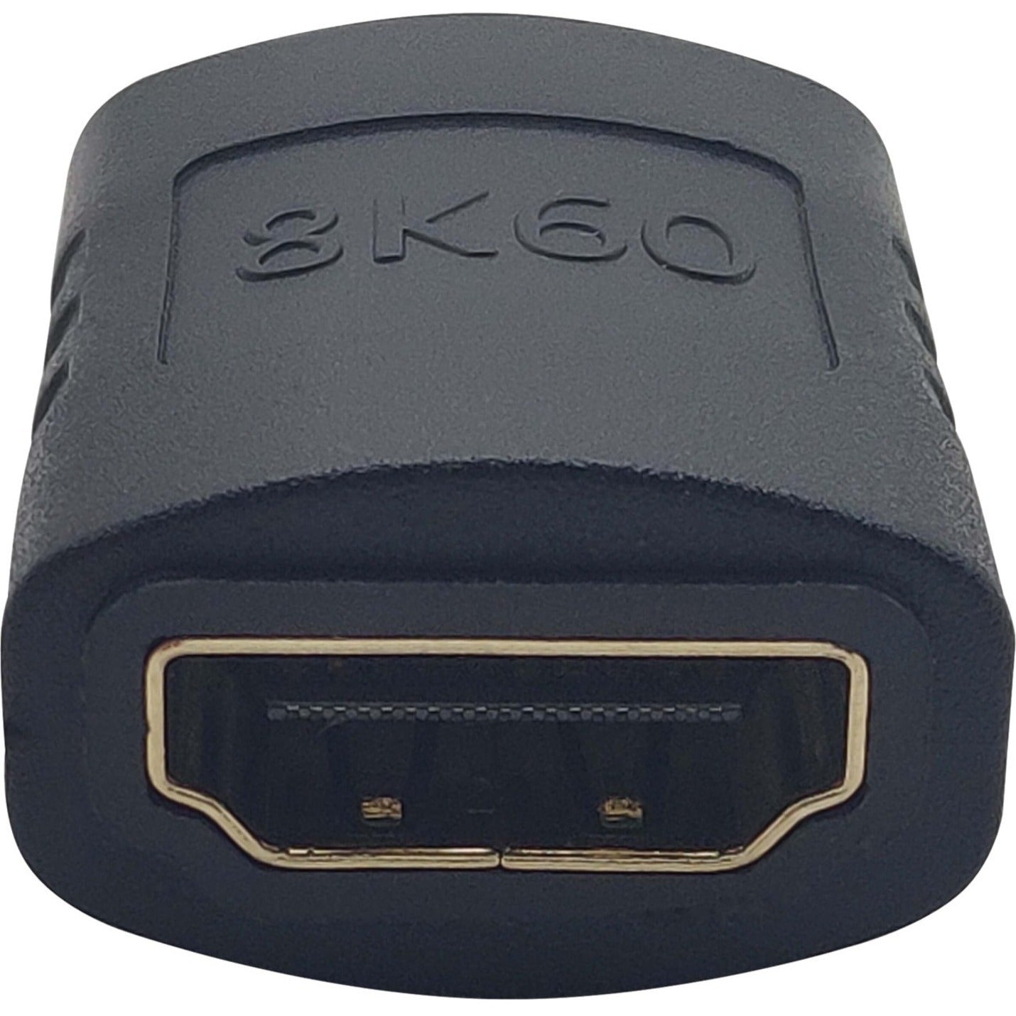 Close-up view of gold-plated HDMI female port on black 8K60 coupler with embossed branding-alternate-image1