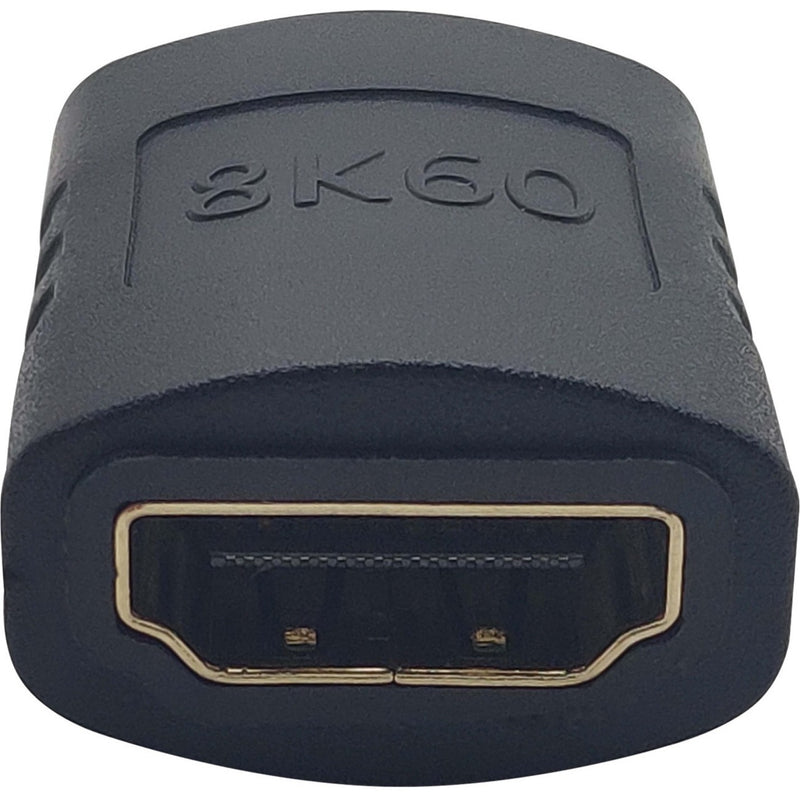 Close-up view of gold-plated HDMI female port on black 8K60 coupler with embossed branding