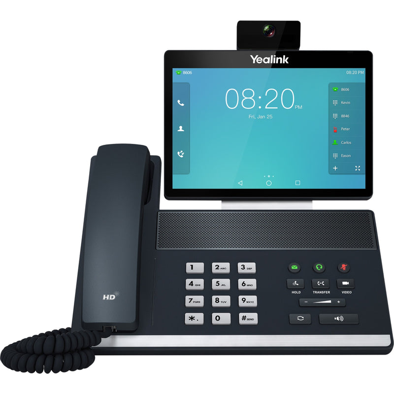 Yealink VP59 IP phone featuring large touchscreen display, HD camera, and traditional handset with numeric keypad