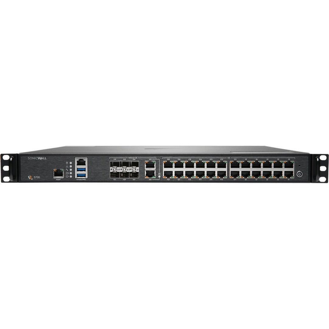 Front view of SonicWall NSa 5700 firewall showing 26 network ports, management interfaces, and USB ports in a 1U rack-mount chassis-alternate-image1