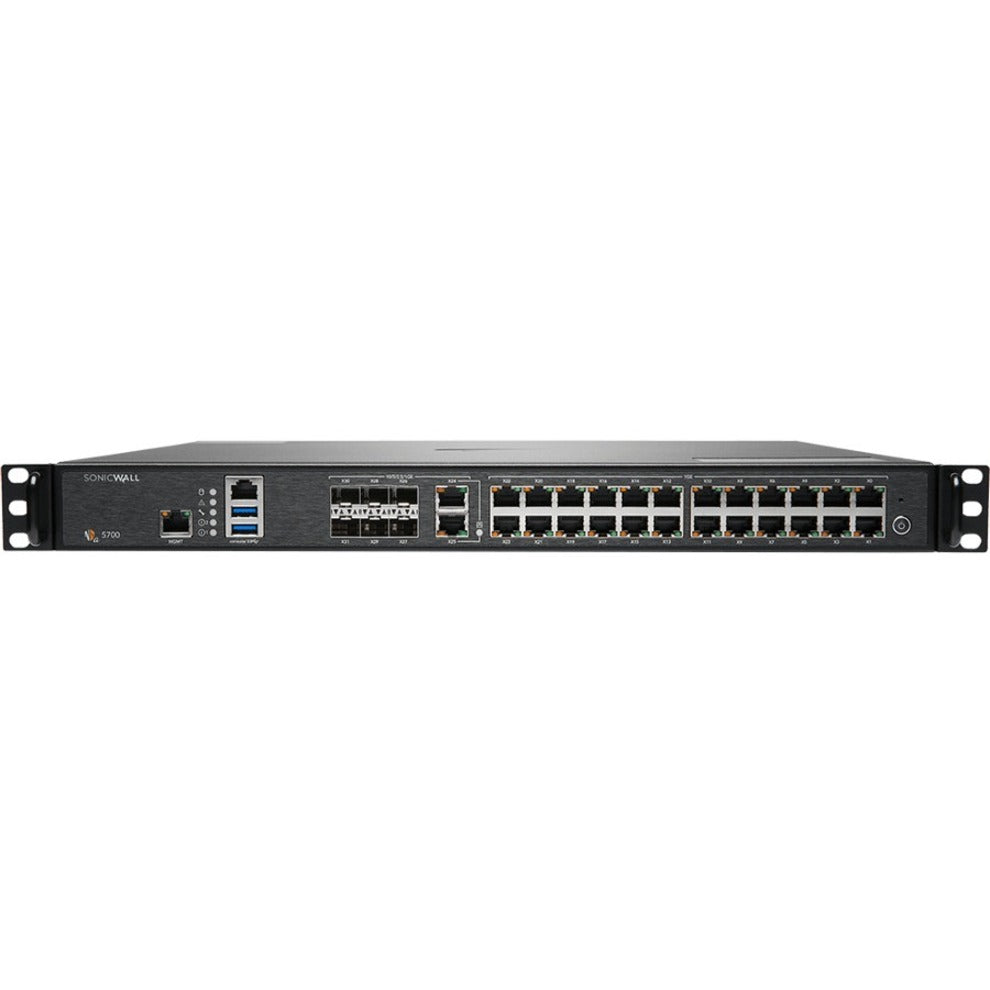 Front view of SonicWall NSa 5700 network security appliance showing 26 ports, USB interfaces, and LED indicators in a 1U rack-mount form factor-alternate-image1