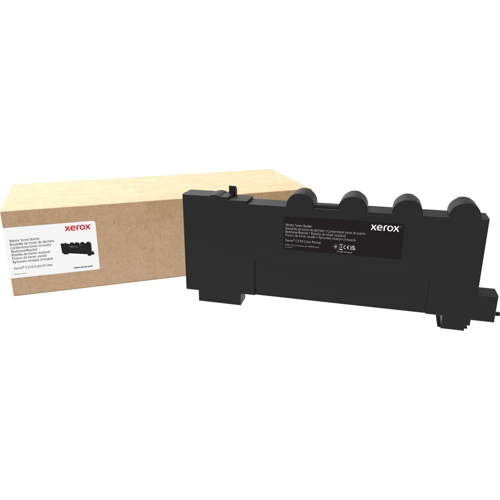 Xerox 008R13325 waste toner bottle shown with retail packaging and product detail displaying its distinctive black design for C310 Color Printer-alternate-image1