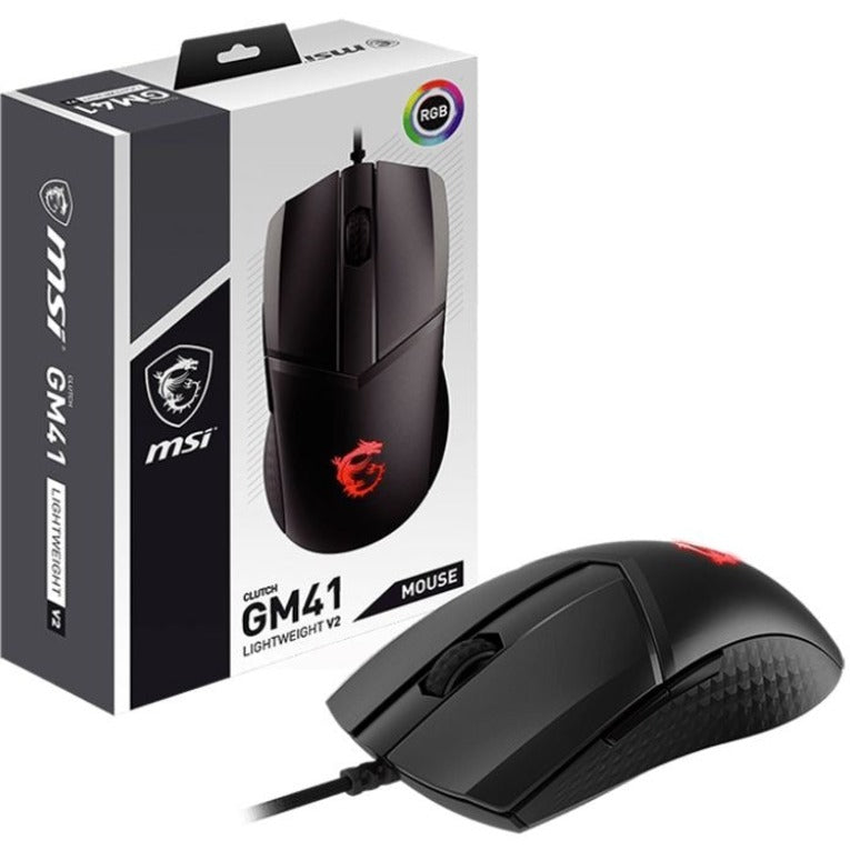 MSI Clutch GM41 gaming mouse retail package and product side view showing RGB features-alternate-image2