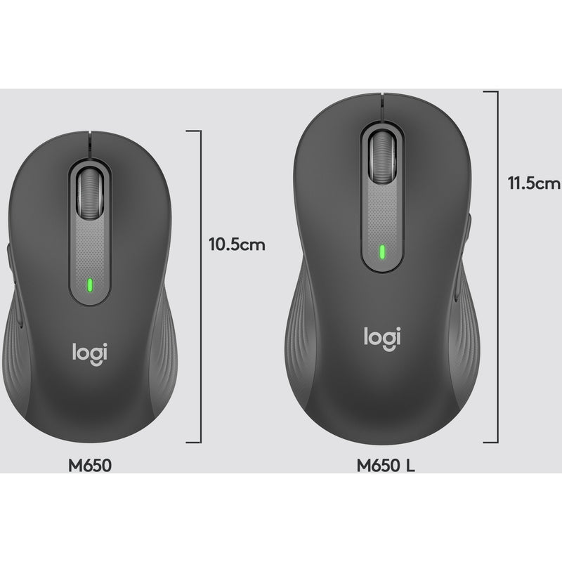 Size comparison between standard M650 and M650 L mouse models with measurements