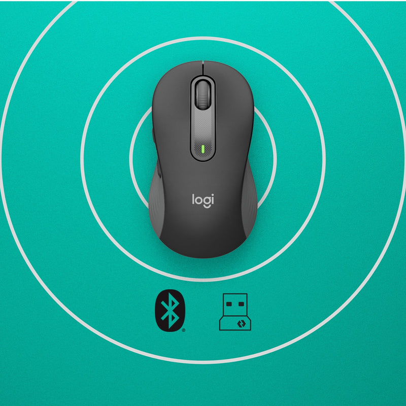 Logitech M650 mouse with wireless connectivity illustration showing Bluetooth and USB receiver options