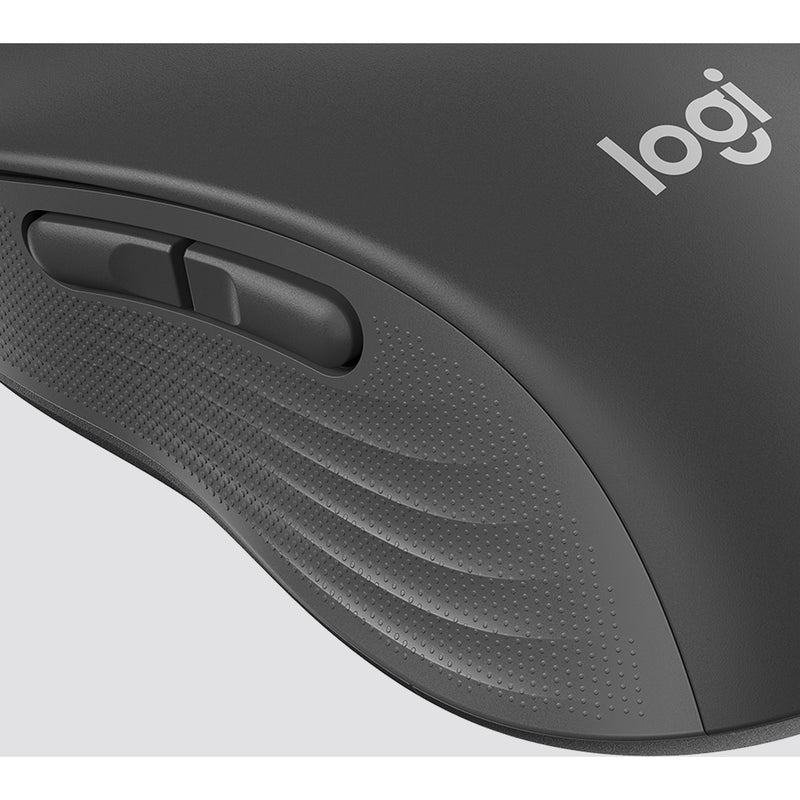 Close-up detail of Logitech M650 mouse side grip texture and ergonomic design