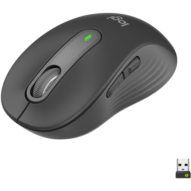 Logitech Signature M650 wireless mouse in graphite color showing SmartWheel scroll feature and ergonomic design