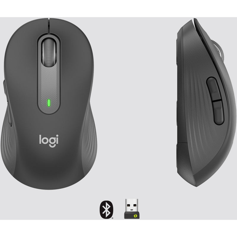 Side view of Logitech M650 mouse with USB receiver showing wireless connectivity options