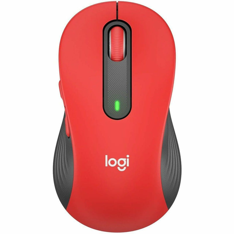 Top view of Logitech Signature M650 L wireless mouse in red with black accents and SmartWheel scroll feature