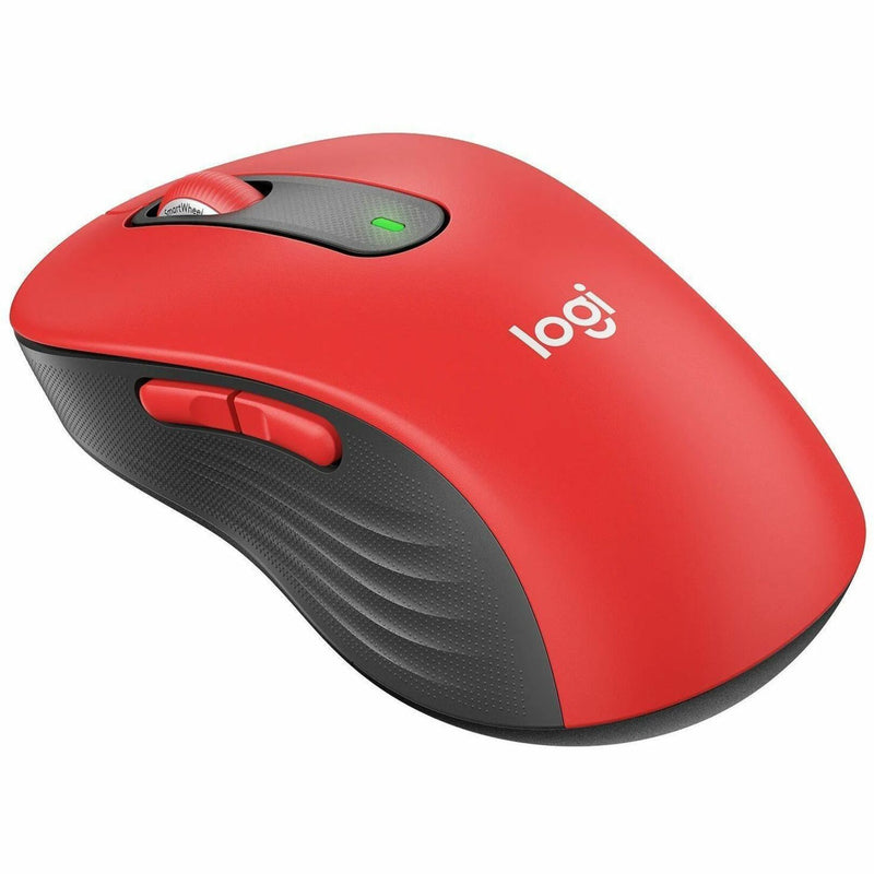 Side angle view of red Logitech M650 L wireless mouse showing ergonomic design and side buttons