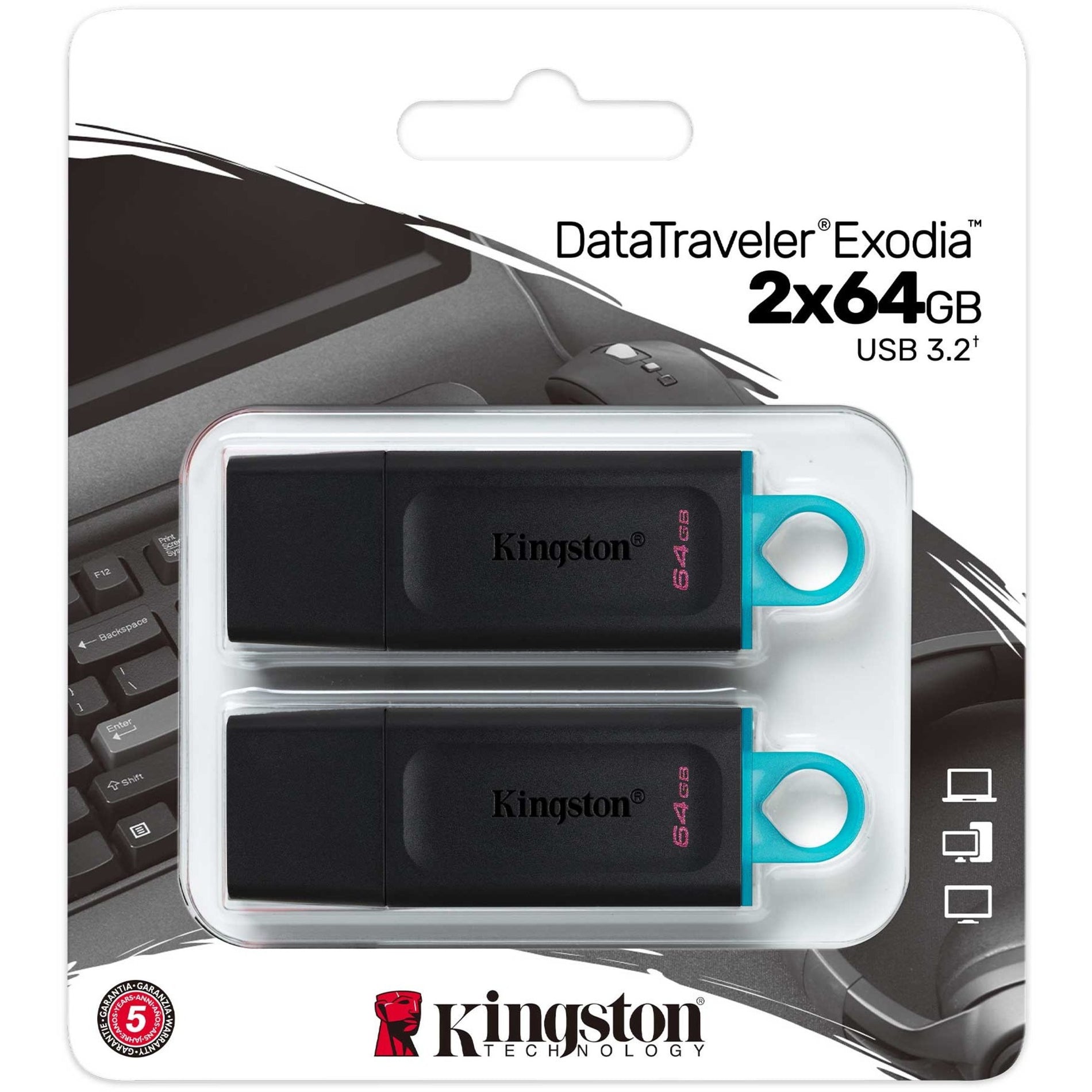 金士顿 Kingston DTX/64GB-2P DataTraveler Exodia 64GB USB 3.2 (Gen 1) 闪存盘 轻巧 青色和黑色。品牌名称翻译为：金士顿。