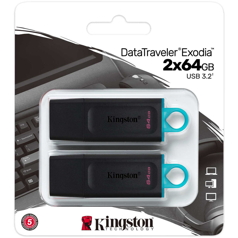 Retail packaging of Kingston DataTraveler Exodia 2x64GB USB drives with warranty information and compatibility icons